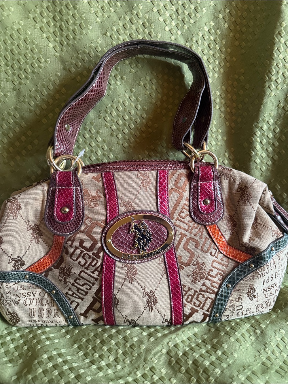 U.S. Polo Assn Women's Beige Logo Canvas Satchel with Pink Trim NWT